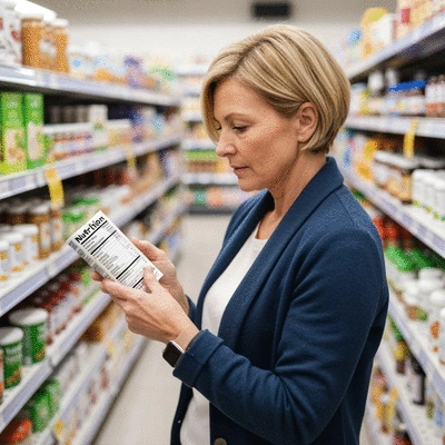 Person analyzing nutrition label on a product in a health store aisle