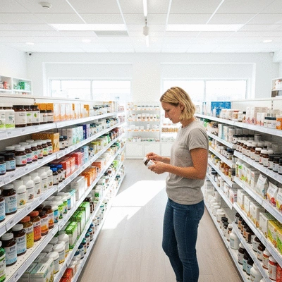 Person comparing prices on health supplements in a bright, modern health store aisle