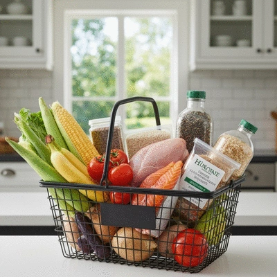 Shopping basket filled with healthy food products
