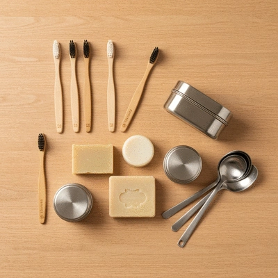 Assortment of plastic-free kitchen and personal care products on a natural wood background