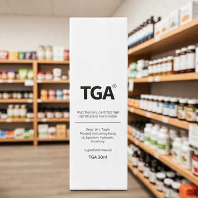 Close-up of a product label showing TGA certification and clear ingredient list in a health store setting