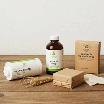 Assortment of sustainable health products with natural ingredients and eco-friendly packaging on a wooden surface, soft natural light, no text, no words, no typography, clean image