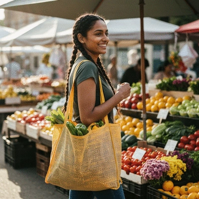 Person using a reusable shopping bag filled with fresh produce at a farmers market