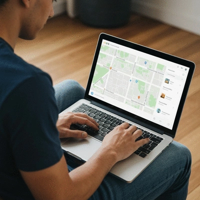 Person using a laptop to search for local health stores with a map interface on the screen
