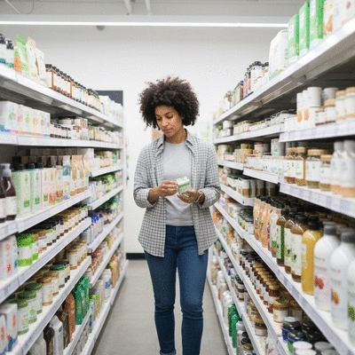 Person thoughtfully selecting products in a health store aisle, focusing on sustainable and eco-friendly options, clean and bright environment, no text, no words, no typography, clean image