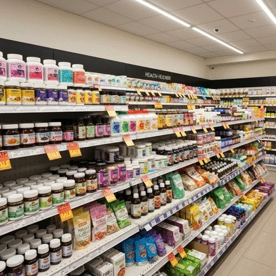 Various health products like supplements and organic foods displayed with 'Sale' tags in a well-lit health store