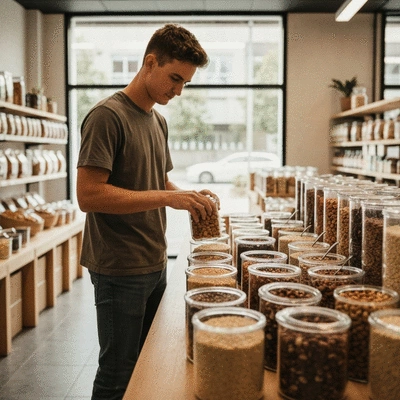 Person filling reusable containers with bulk grains and nuts at a health food store
