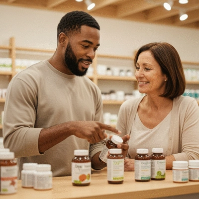 Knowledgeable health store staff assisting a customer with product selection