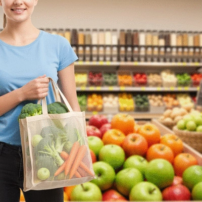 Person holding reusable produce bag filled with fresh produce in a bulk store, natural light, no text, no words, no typography