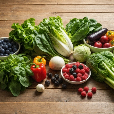 Assortment of fresh organic produce on a rustic wooden table