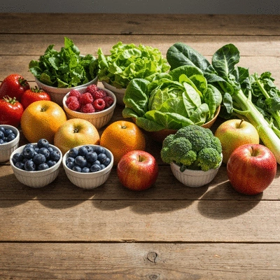 Assortment of fresh, colorful, fiber-rich fruits and vegetables on a wooden table