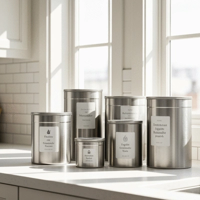 Various reusable containers and bulk items on a kitchen counter, clean and organized, natural light, no text, no words, no typography